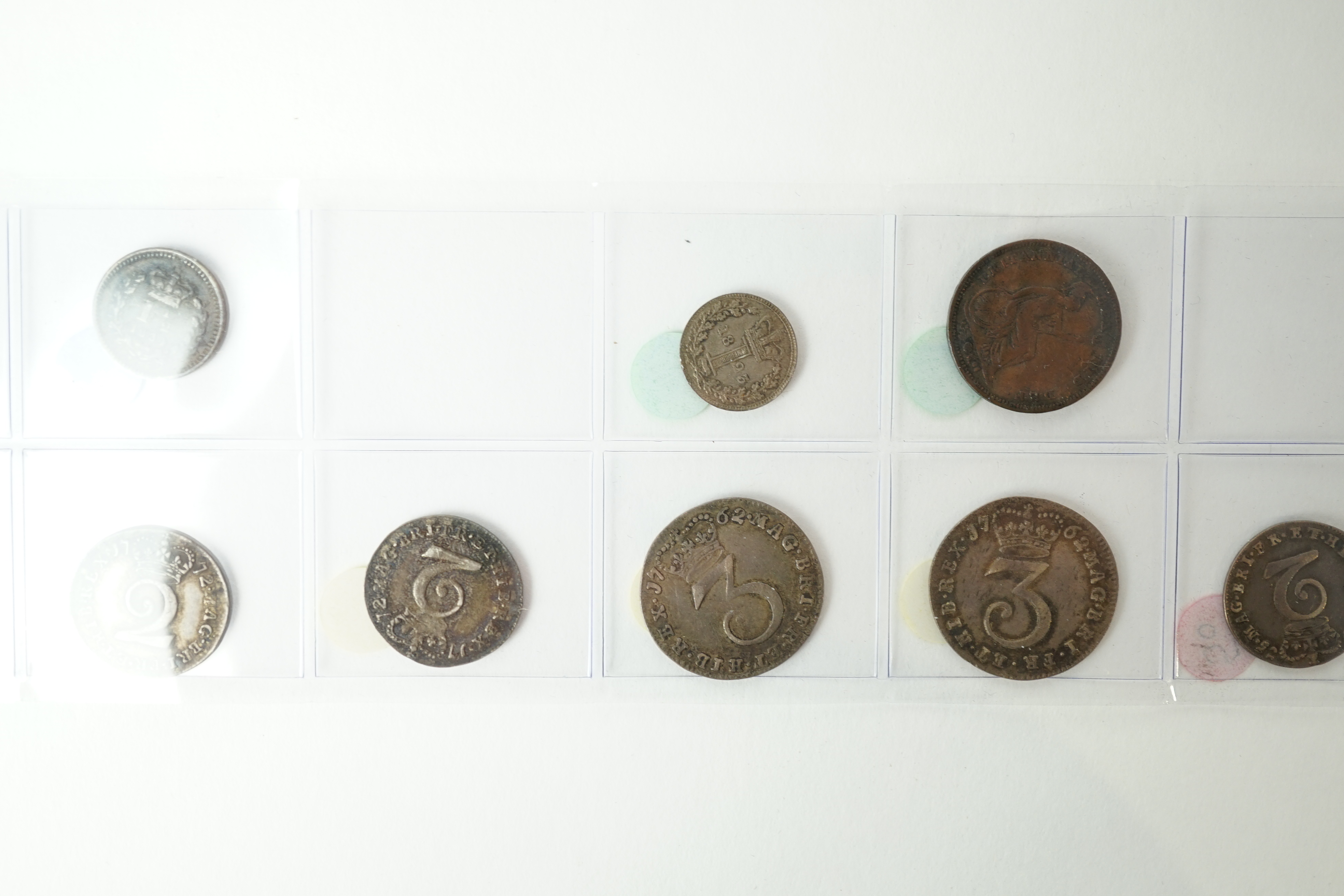 British silver coins, George II to William IV, 1d to sixpence, including George II 1d 1739, 2d 1735, two George III 3d 1762, two 2d 1772, 1d 1779, 1800, George IV 1d 1823 and William IV one and a half pence, and other sm